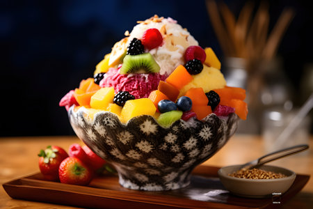 040_Korean bingsu with shaved ice and various fruits, Generative AIの素材