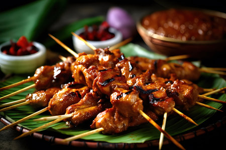 066_sate ayam with peanut sauce, banana leaf and skewers background, Indonesian styleの素材