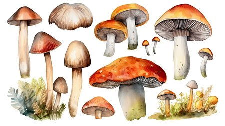 175. Set of watercolor mushroom vegetables on white background. Generative AIの素材
