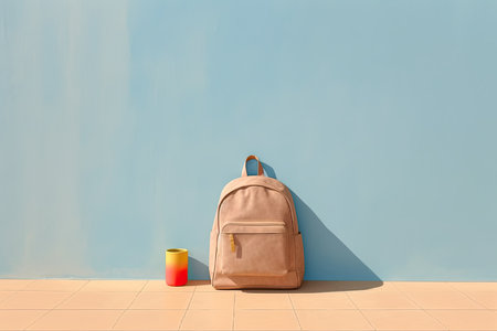 0261. Backpack in front of light pastel wall. Generative AIの素材