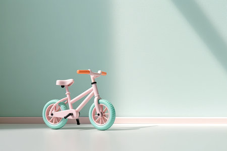 0283. Bicycle toy in front of light pastel wall. Generative AIの素材