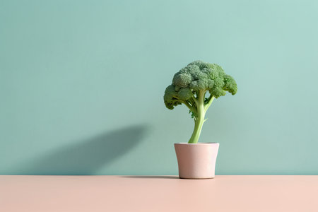 0293. Broccoli in front of light pastel wall. Generative AIの素材