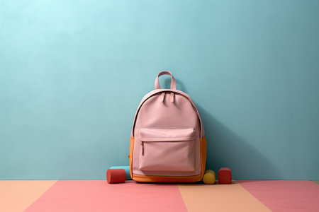 0262. Backpack in front of light pastel wall. Generative AIの素材