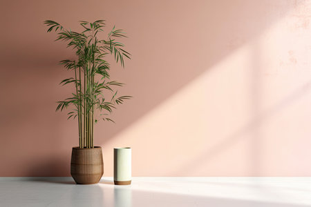 0268. Bamboo in front of light pastel wall. Generative AIの素材