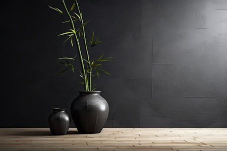 0266. Bamboo in front of dark wall. Generative AIの素材