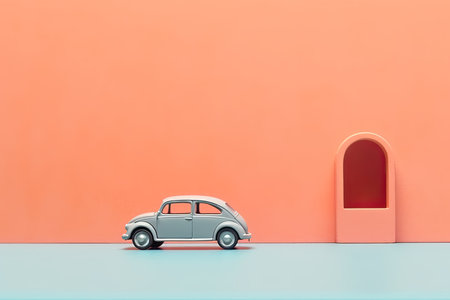 0308. Car toy in front of light pastel wall. Generative AIの素材