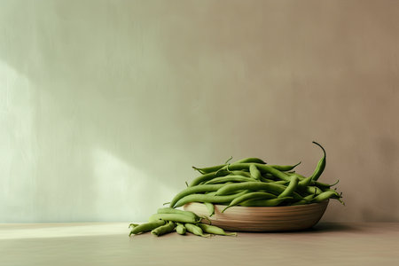 0373. Green beans in front of light pastel wall. Generative AIの素材
