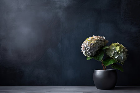 0395. Hydrangea plant in front of dark wall. Generative AIの素材