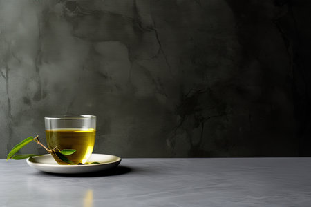 0378. Green tea in front of dark wall. Generative AIの素材