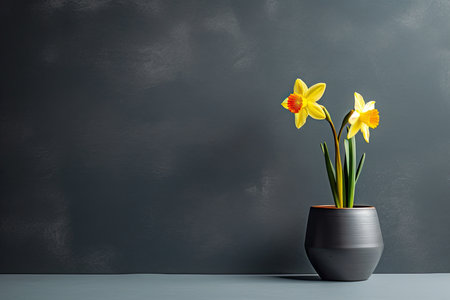0333. Daffodil plant in front of dark wall. Generative AIの素材