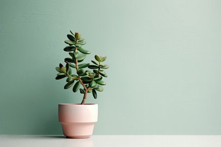0402. Jade plant in front of pastel wall. Generative AIの素材