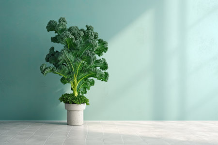0414. Kale in front of light pastel wall. Generative AIの素材