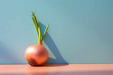0440. Onion in front of light pastel wall. Generative AIの素材