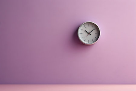 0487. purple clock in front of pastel wall. Generative AIの素材