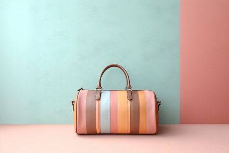 0351. Duffel bag in front of light pastel wall. Generative AIの素材
