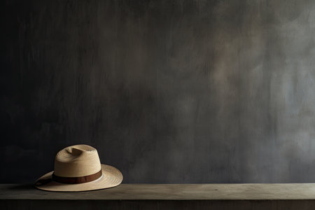 0534. Straw hat in front of dark wall. Generative AIの素材
