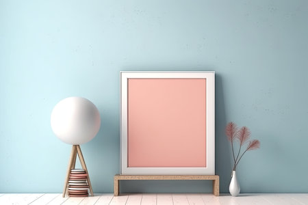 0470. Photo frame in front of light pastel wall. Generative AIの素材