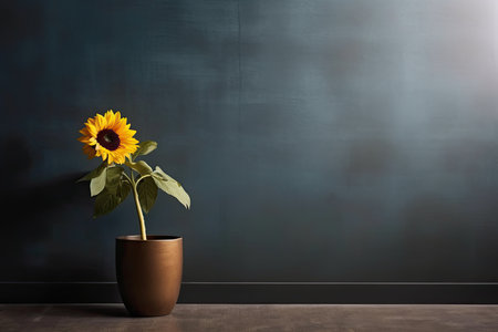 0552. Sunflower in front of dark wall. Generative AIの素材
