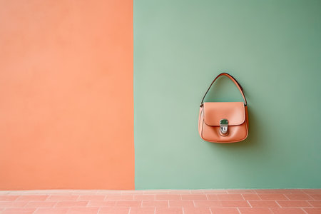 0519. Shoulder bag in front of light pastel wall. Generative AIの素材