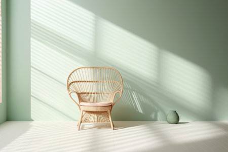 0602. Wicker chair in front of light pastel wall. Generative AIの素材