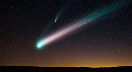 A bright comet streaking across the night sky, leaving a glowing trail of light as it travels through the cosmos toward the outer reaches of the solar system.の素材