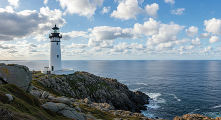A coastal lighthouse perched on a rocky hill, with the ocean stretching out into the distance. The sky is filled with fluffy white clouds as the lighthouse casts its beacon.の素材