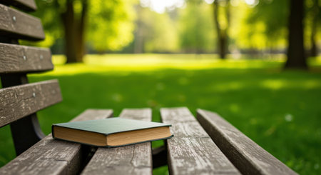 A book resting on an outdoor bench in a park, surrounded by green grass and a peaceful, natural landscape, creating an idyllic reading spot under the sky.の素材