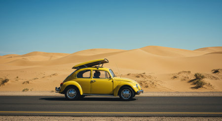 A road trip along a remote desert highway, with a vintage car driving through endless stretches of sand dunes and blue skies.の素材