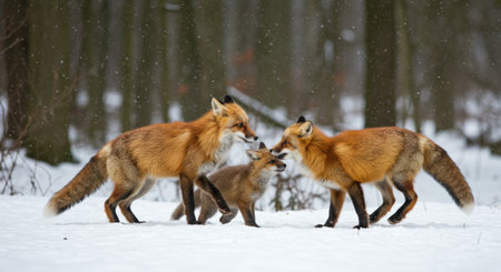 A family of red foxes playing together in a snowy forest, their fur blending with the white surroundings. The scene exudes warmth and togetherness.の素材