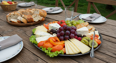 A beautifully arranged platter of fresh fruits and cheeses on a rustic wooden table. The table is set for a casual gathering with a variety of textures from the creamy cheeses, bright fruits, and rustic bread.の素材