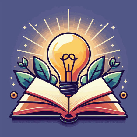 Vector illustration of open book with lightbulb and leaves on itのイラスト素材