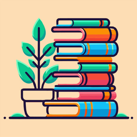 Pile of books and plant. Vector illustration in flat style.のイラスト素材