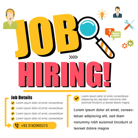 Job hiring banner design template with magnifying glass and icons. Vector illustrationのイラスト素材