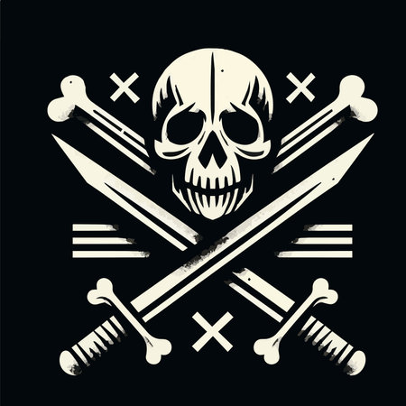 Skull with crossed swords and bones. Vector illustration isolated on black background.のイラスト素材