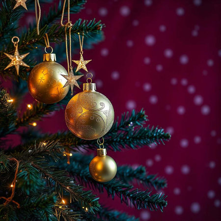 Christmas tree with golden and silver baubles on a red backgroundの素材