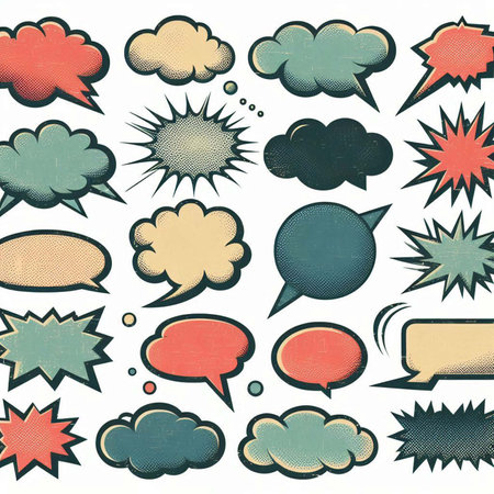 Comic Speech and Thought Bubbles with Jagged Shapes in Red, Blue, Green, Yellowの素材