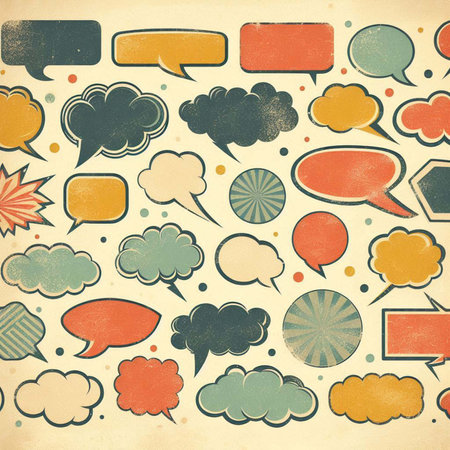 Colorful Speech and Thought Bubbles with Jagged Shapes and Dots on Beige Backgroundの素材