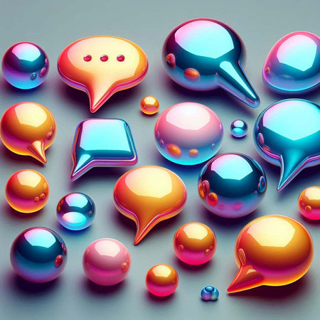 Glossy 3D Speech Bubble and Sphere Icons with Gradient Colors and Reflective Finishの素材