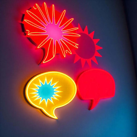 Glowing speech bubbles on a dark background. Speech bubbles with rays of light.の素材