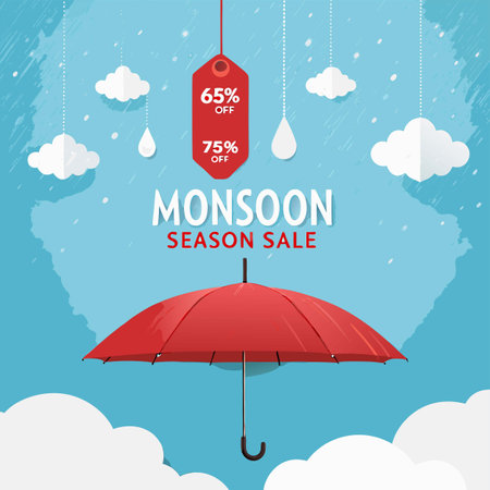 Monsoon season sale poster with umbrella and falling snow. Vector illustrationのイラスト素材