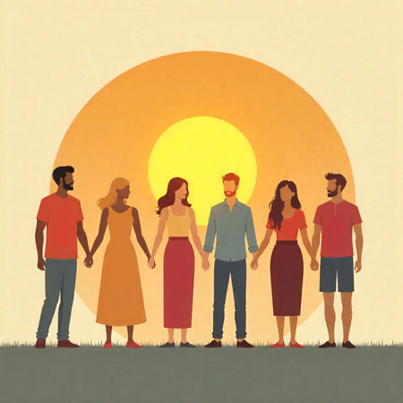 Diverse Group Holding Hands Facing Stylized Sun on Grass Symbolizing Unity, Harmony, and Collective Hopeの素材