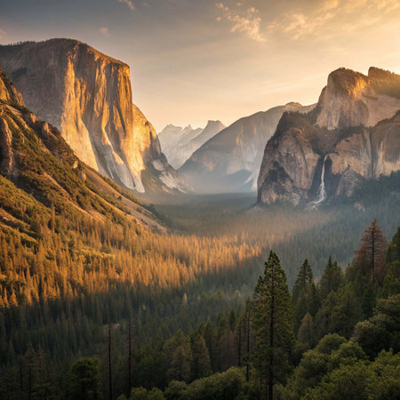 Golden Hour View of Yosemite Valley Landscapeの写真素材