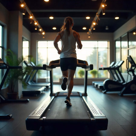 Person Running on Treadmill in Modern Gymの写真素材