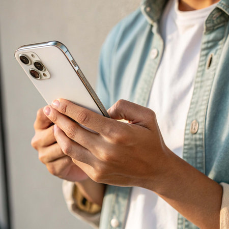 Person Holding Smartphone with Triple Cameraの写真素材