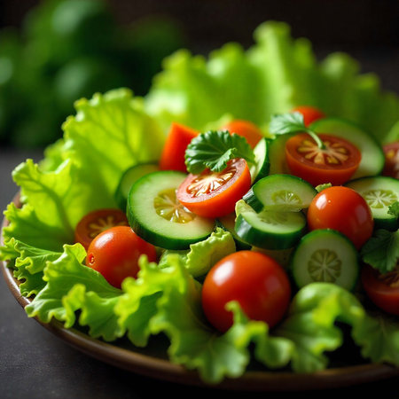 Fresh salad with cucumber, tomato and lettuce on a dark backgroundの写真素材