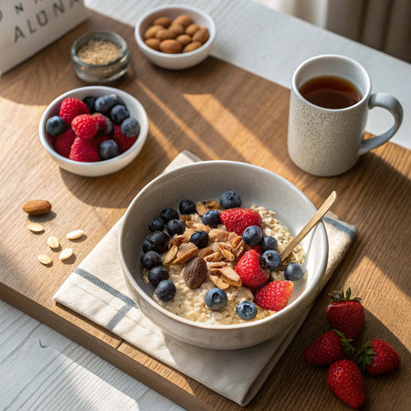 Healthy Oatmeal Breakfast with Berries and Nutsの写真素材