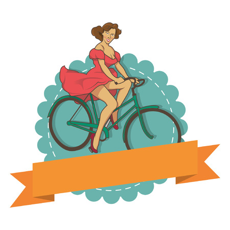 editable retro vintage badge with illustration women ridding bicycleのイラスト素材