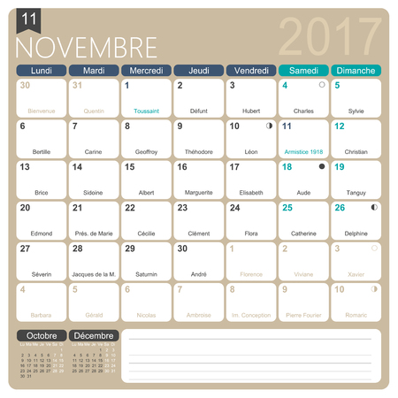 November 2017, French printable monthly calendar template, including name days, lunar phases and official holidays.のイラスト素材