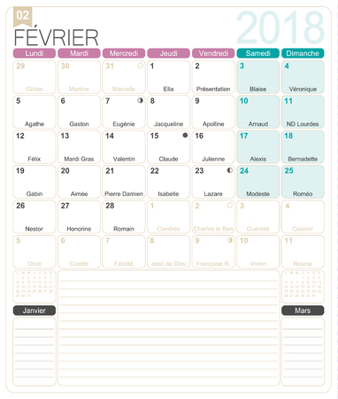 February 2018, French printable monthly calendar template, including name days, lunar phases and official holidays.のイラスト素材