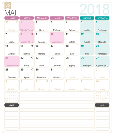 May 2018, French printable monthly calendar template, including name days, lunar phases and official holidays.のイラスト素材